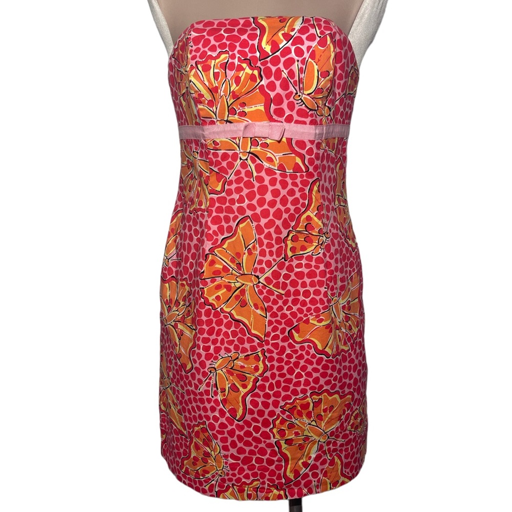 Lilly Pulitzer White Label strapless pink dress with butterflies. Size 6